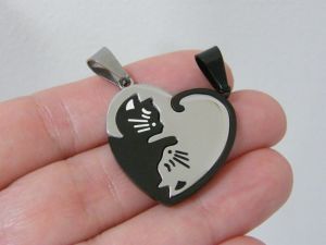 1 Cat 2 part heart charms black silver stainless steel A790