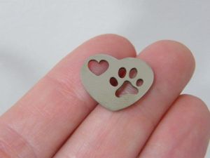 2 Paw print heart charm silver stainless steel A1160