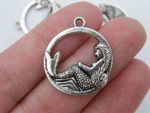 BULK 30 Mermaid pendants antique silver tone FF610