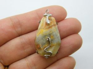 1 Snake pendant natural  crazy agate  silver tone stainless steel A519
