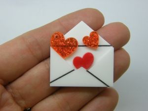 2 Love letter hearts pendants white red acrylic P286