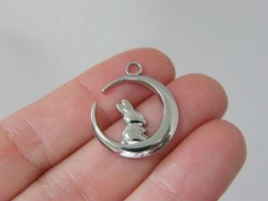 2 Rabbit moon pendants silver stainless steel A465