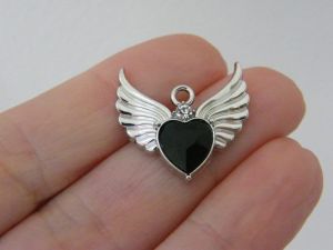 2 Angel wing black glass heart charms silver tone AW53