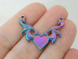 2 Heart devil wings connector charms multi colour stainless steel HC1163