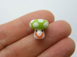 1 Mushroom face bead green and white hand made lamp work glass L81