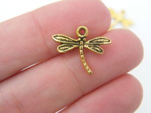 14 Dragonfly charms antique gold tone A1210