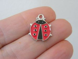 8 Ladybug charms black red  silver tone A802