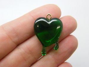 2 Dripping melting heart pendants  green resin gold bail H302