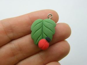 4 Ladybug leaf charms red green resin A32