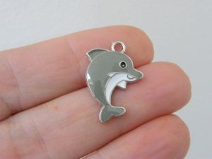 6 Dolphin charms grey white silver tone FF