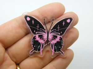 4 Butterfly pendants clear black pink acrylic A102