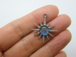 4 Sun cornflower blue AB cabochon pendants silver tone S94