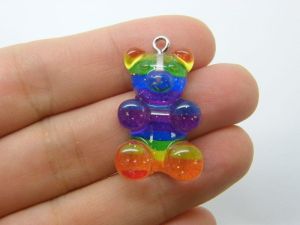 4 Bear rainbow stripe pendants resin P217