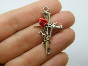 4 Rose cross pendants antique silver red tone C26