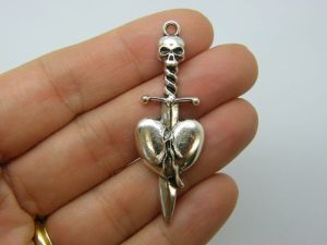 4 Sword heart pendants antique silver tone SW63