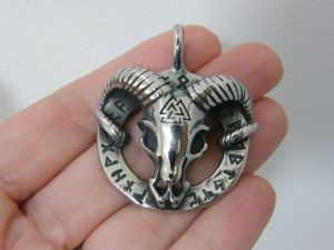 1 Ram goat skull runes pendant silver stainless steel A1174