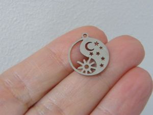 2 Sun moon stars yin yang pendants silver tone stainless steel S283