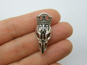 2 Bird skull crown pendants antique silver tone B160