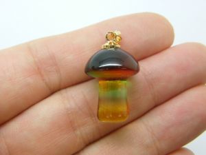 1 Mushroom pendant clear orange green glass gold bail  L14