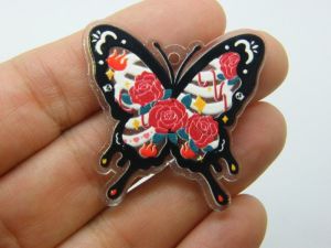 4 Butterfly pendants clear black white red acrylic A172