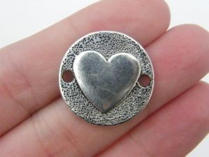6 Heart connector charms antique silver tone H29