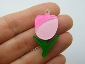 4 Tulip flower pendants pink green  acrylic F123