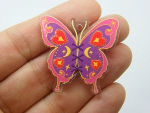 4 Butterfly pendants clear pink purple yellow acrylic A