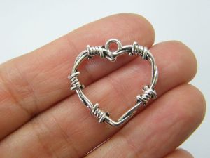 8 Heart barbed wire pendants antique silver tone H136