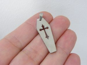 1  Coffin cross pendant silver tone stainless steel HC855