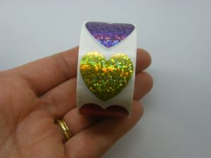 1 Roll 500 random mixed glittery heart stickers 14A