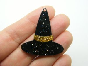 4 Witch hat Halloween pendants black orange acrylic HC1266