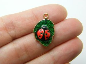 6 Ladybug leaf charms green red gold tone A425