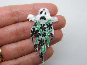 2 Ghost daisy Halloween pendants white green black acrylic HC1294