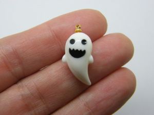 2 Ghost charms frosted white resin gold bail HC39