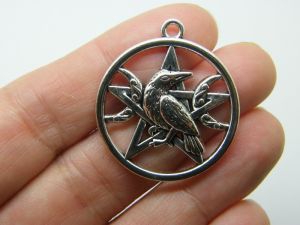 4 Raven crow bird pentagram charms antique silver tone HC35