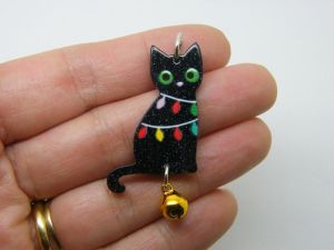 2 Christmas cat bell pendants  black  acrylic CT206
