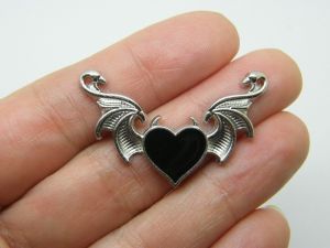 4 Heart black devil wings connector charms silver tone stainless steel HC638
