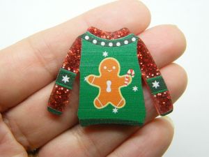 2 Gingerbread man Christmas jumper sweater jersey pendants red green glitter acrylic CT382