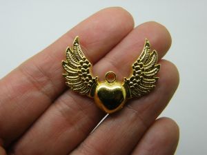6 Heart with angel wings pendants bright gold tone AW16