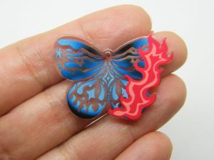 2 Butterfly flame pendants clear blue red acrylic A661