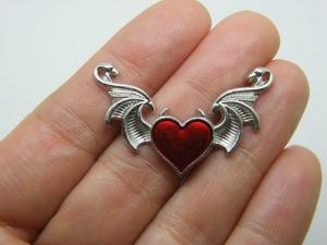 4 Heart red devil wings connector charms silver tone HC400