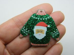 2 Santa Father Christmas jumper sweater jersey pendants green white glitter acrylic CT345