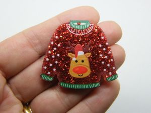 2 Reindeer Christmas jumper sweater jersey pendants red white glitter acrylic CT104