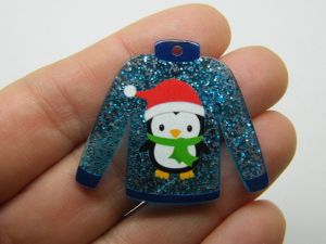 2 Penguin Christmas jumper sweater jersey pendants blue glitter acrylic CT446