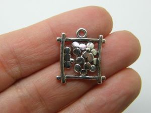 10 Flowers square frame charms antique silver tone F170