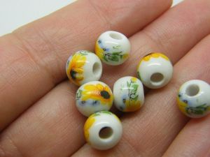 14 Sunflower bee beads handmade white  porcelain F167