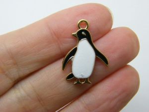 4 Penguin charms white black and bright gold tone A1286