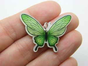 6 Butterfly pendants clear green acrylic A361