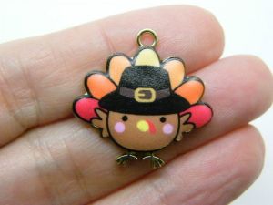 4 Turkey pilgrim hat Thanksgiving charms gold  tone B10