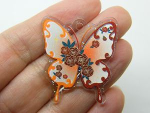 4 Butterfly roses pendants clear orange red acrylic A41